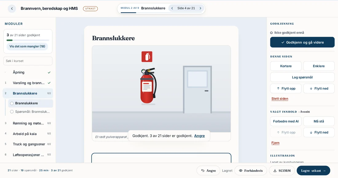 Steg 3: Dere leser og godkjenner. Godkjenning side for side, med oversikt over modulene og hva som gjenstår.