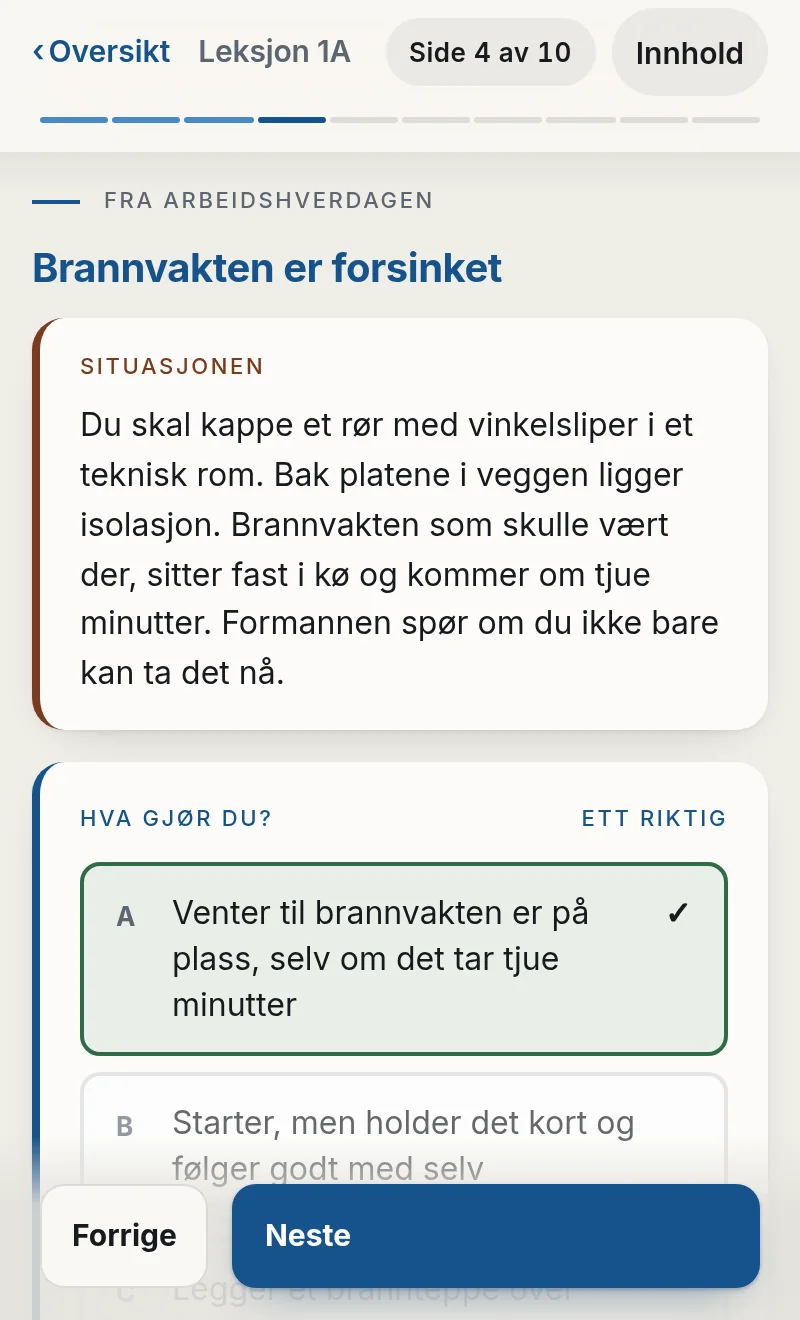 Oppgave på mobil: velg riktig handling i en situasjon fra arbeidshverdagen.